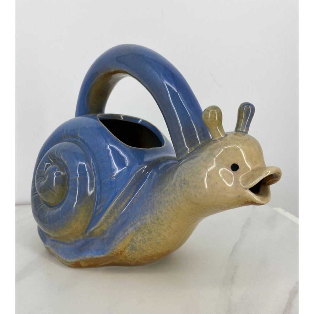 Ceramic Snail Decorative Watering Can Glazed Heavy Blue Beige